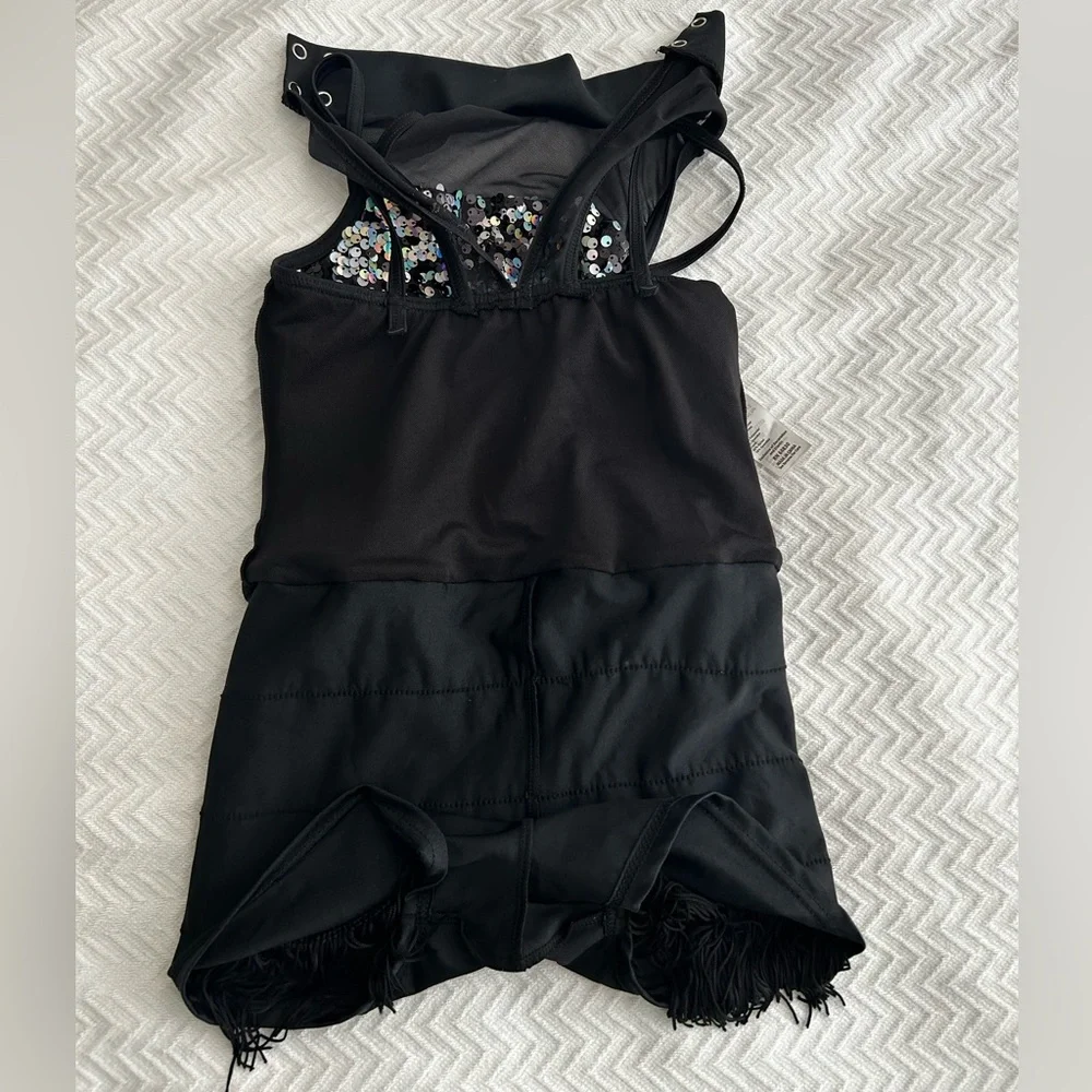 Weissman Fringe Dance Costume Black Sequined Size Medium Child Style 13329